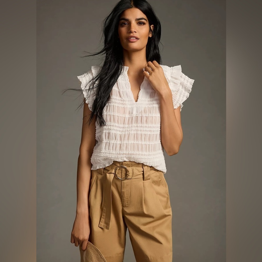 NWT Sarah Hann Sheer Ruffle Shirred Top